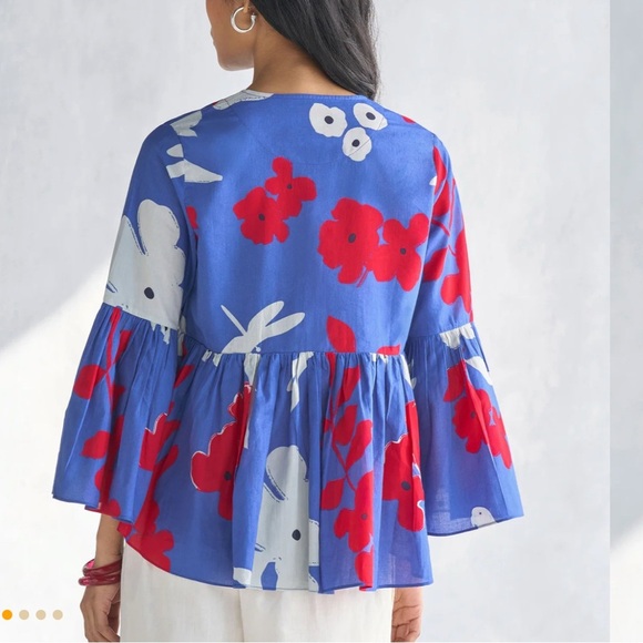 Nicobar Elegant Blue Ruffle Floral V-Neck Blouse Size Small - Picture 2 of 8